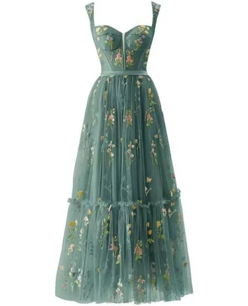 Floor Length Tulle Dress A-line Floral Neck Lace