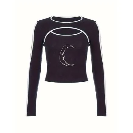 Zanvylia Women's Slim Fit Long Sleeve Moon Print Cutout Ribbed Knit T-Shirt