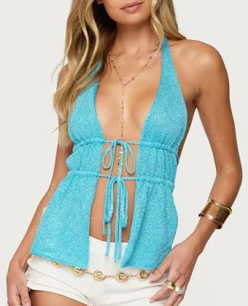 EDIKTED Sequin Split Front Knit Halter Top in Turquoise at Nordstrom, Size Large