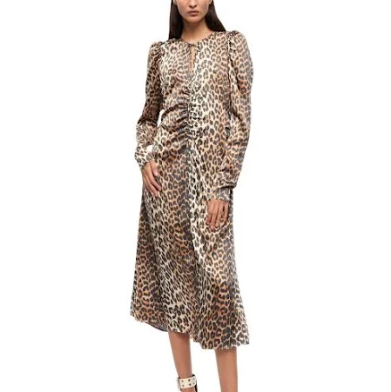 Ganni Women's Printed Ruched Satin Midi Dress