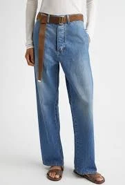 Belted Denim Straight Leg Trousers