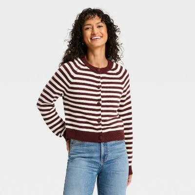 Universal Thread Women's Striped Crewneck Cotton Cardigan