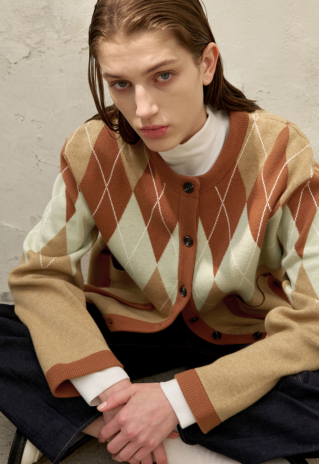 Argyle Cropped Knit Cardigan
