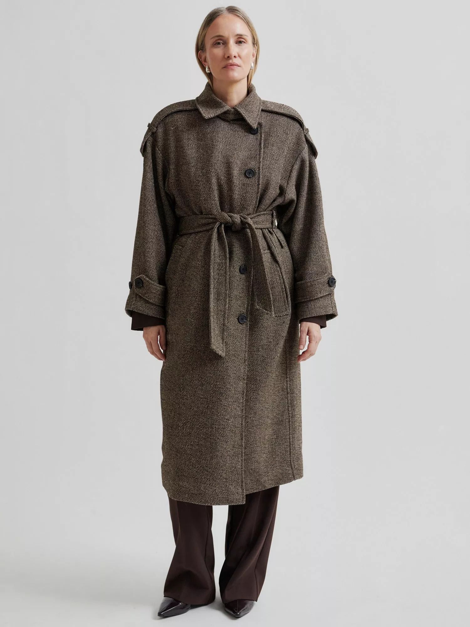 SECOND FEMALE 에미 벨트 트위드 코트 브라운 Emi Belted Tweed Coat, Brown 113670480 147245454
