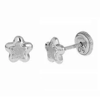 18K White Gold Brushed Satin Star Screw Back Earrings