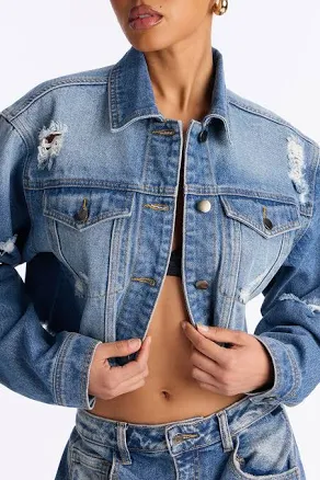 Fashion Nova Women's Ripped Denim Jacket