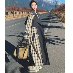 Retro Plaid Long Waist Tie Loose Windbreaker Coat