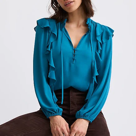 Loft Women's Petite Ruffle Button Tie Neck Blouse