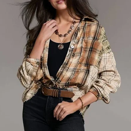 BKE Women's Polyester Frayed Flannel Boyfriend Shirt