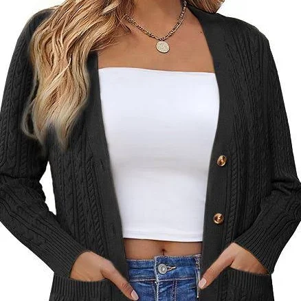 Casual Sweater Cardigan for Women's Twist Knit Fall Winter Long Trendy Cardigans, Size: XS, Black