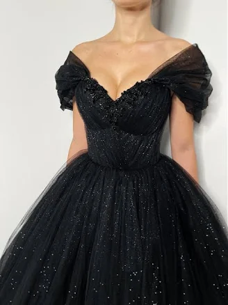 Black Glitter cinderella princess dress. Embellished sparkly gothic alternative bride corset tulle dress