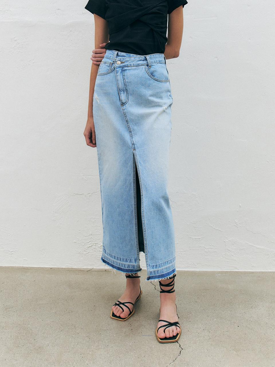 Deconstructed Denim Long Skirt, Light Blue