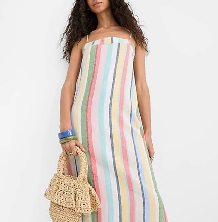 Loft Women's Petite Rainbow Stripe Linen Cotton Maxi Dress