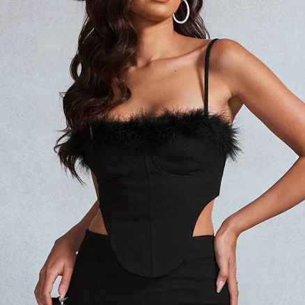 PrettyLittleThing Women's Feather Trim Cup Detail Denim Top in Black | Size: 0
