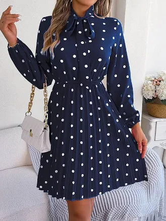 Allegra K Polka Dot Bow Tie Neck Long Sleeve Pleated Dress
