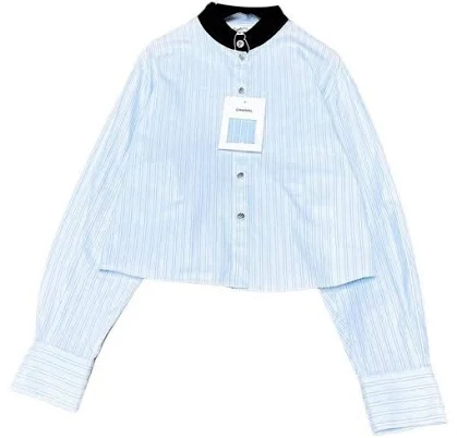 CHANEL Striped Cotton Shirt with Black Velvet Collar