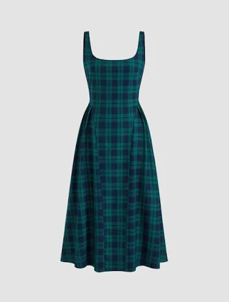 CIDER Preppy Woven Square Neck Check Pleated Maxi Dress