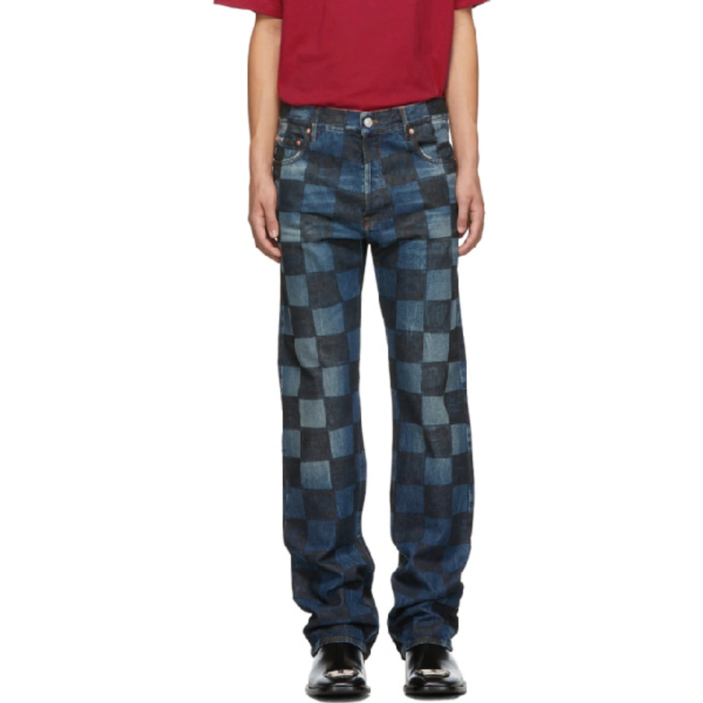 Crafted Checkered Cotton Denim Jeans In Blue