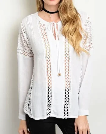 Black Or White Eyelet Lace Applique Keyhole Tie Long Sleeve Gauze