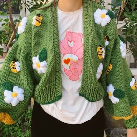 Oversized Bee Flower Knit Cardigan