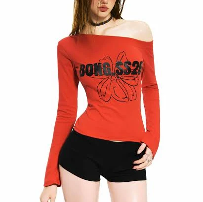 BONG One Shoulder Long Sleeves Top - RED