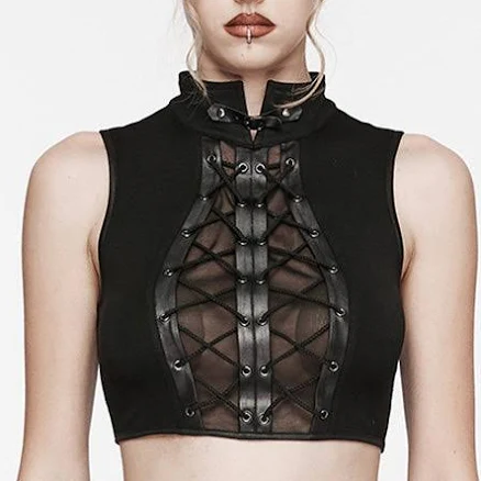Women's Punk Stand Collar Sleeveless Lace-Up Ripped Tank Top