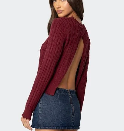 Split Open Back Cable Knit Sweater BURGUNDY / XL