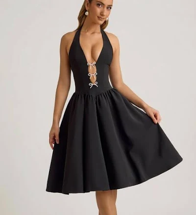 Oh Polly Angelina Halterneck Bow-Detail Midi Dress