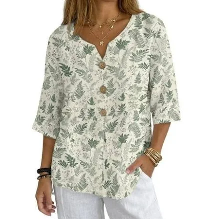 Women's Vintage Leaf Print Linen V-Neck 3/4 Sleeve Shirt