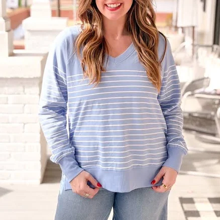 Modern Striped V-Neck Weekender | Barcelona Blue | ROSE & LEE CO. S