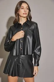 Vegan Leather Shirt Jacket Black