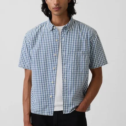 Gap Men's Gingham Relaxed Straight-Hem Denim Shirt