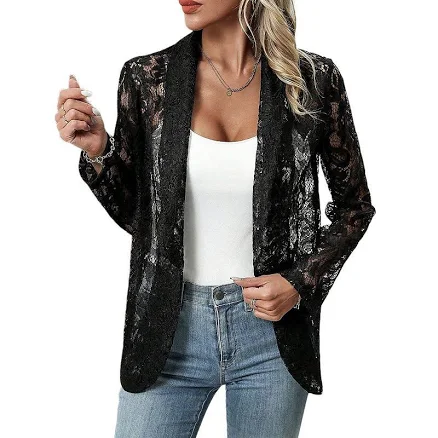Womens Lace Sheer Summer Lightweight Blazers Open Front Long Sleeve Business Casual Collared Jacket, Women's, Size: Medium, Black