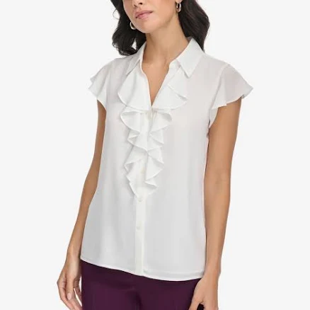 Calvin Klein Women's Collared Ruffled Short-Sleeve Blouse