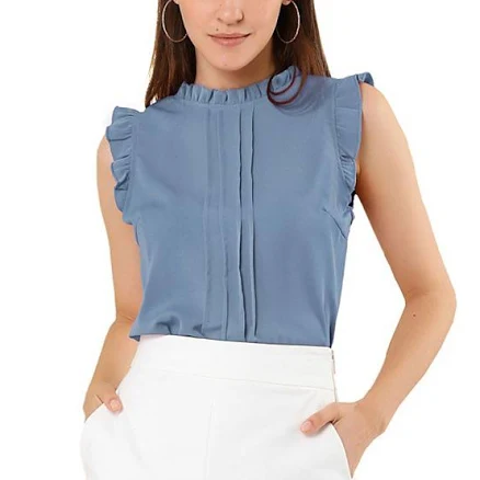 Women's Ruffled Crew Neck Sleeveless Pleated Blouse Tops