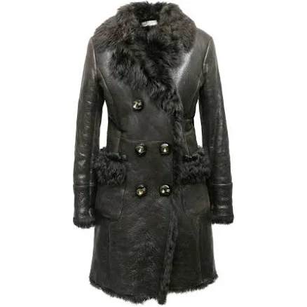 Charcoal Prada 2009 Patent Shearling Double-Breasted Coat Size IT 42