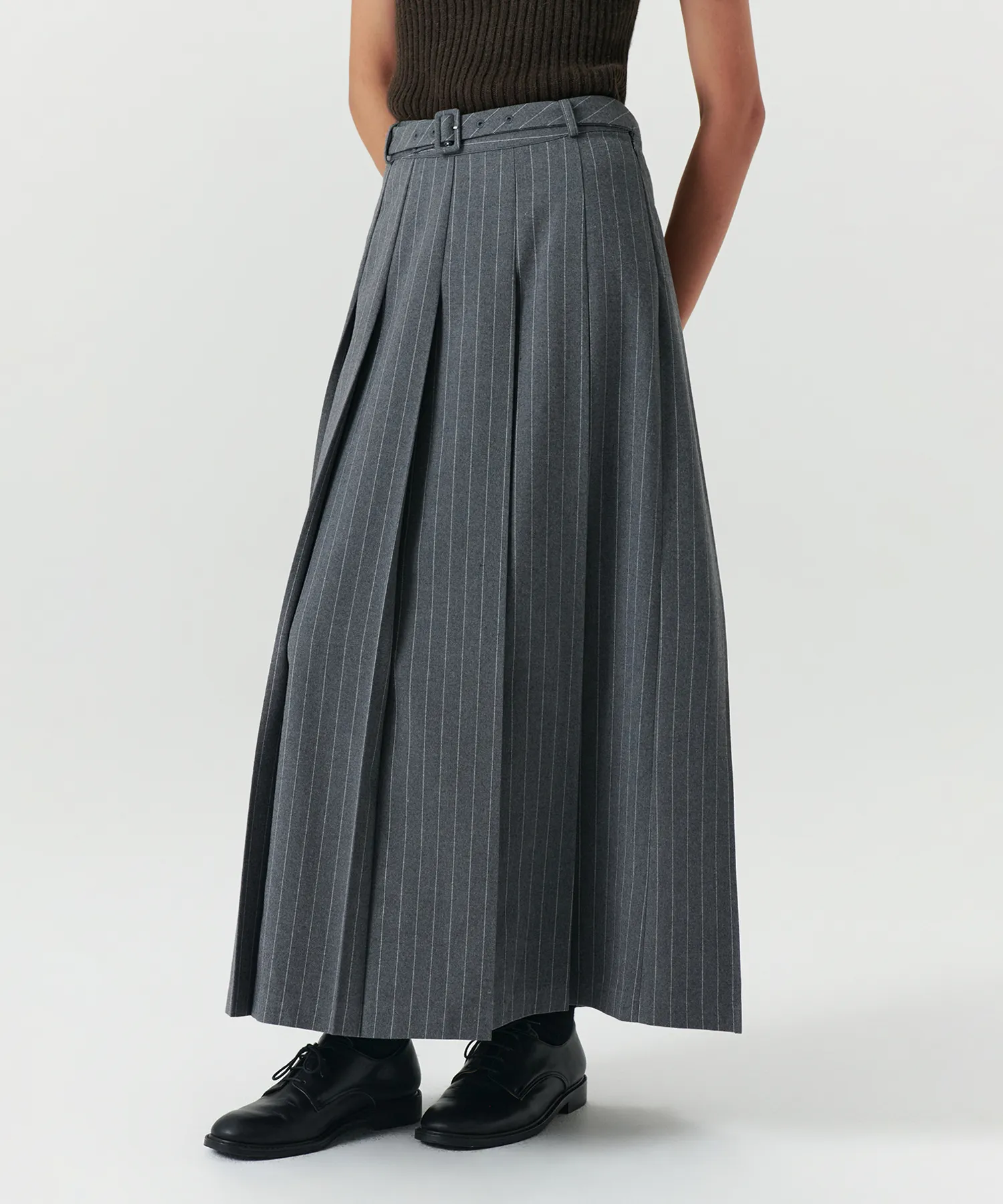 Classic Belt Pleats Maxi Skirt - Charcoal Stripe