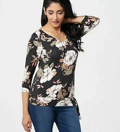 G.I.L.I. Black Floral V-Neck Knit Top with Side Tie