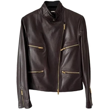 Blumarine Brown Textured Leather Biker Jacket Size 42 IT
