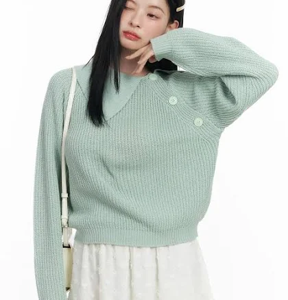 Diagonal Button Collar Knit Top CJ519