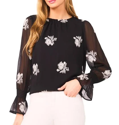 CeCe Women's Smocked Cuff Long Sleeve Floral Blouse