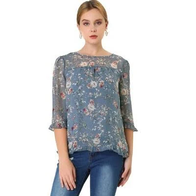 INSPIRE CHIC Women's Round Neck Ruffle 3/4 Sleeve Floral Print Chiffon Top