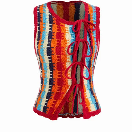 Crochet Knit Asymmetrical Neck Stripe Colorblock Vest