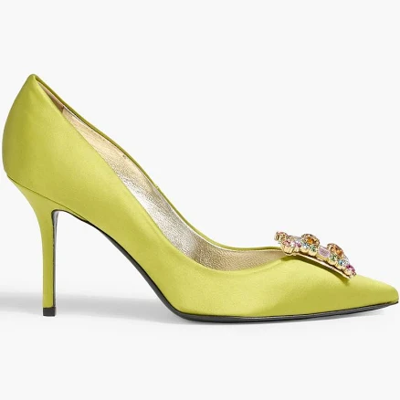 Roger Vivier Flower Strass embellished satin pumps - Women - Lime green Heels - EU 35