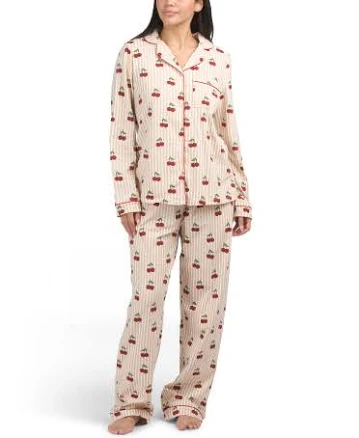 Women's Organic Cotton Blend Cherry Print Pajama Top and Pants Set