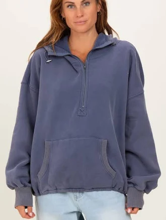 Navy Fleece Half Zip Drop Shoulder Hoodie