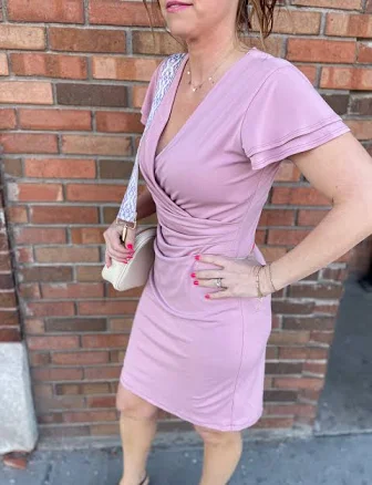 V-Neck Short Sleeve Ruffle Shirring Dress