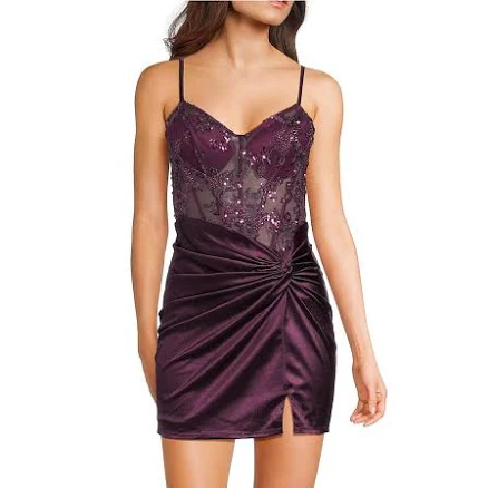 B. Darlin V-Neck Sequin Embroidered Illusion Corseted Front Slit Homecoming Dress Womens
