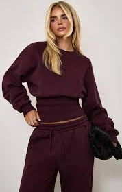 Long Sleeve Cinched Waist Seam Detail Sweatshirt In Plum