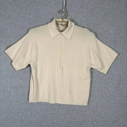 Co Sweater Womens Xs Ivory Merino Wool Knit Short Sleeve 1/4 Zip